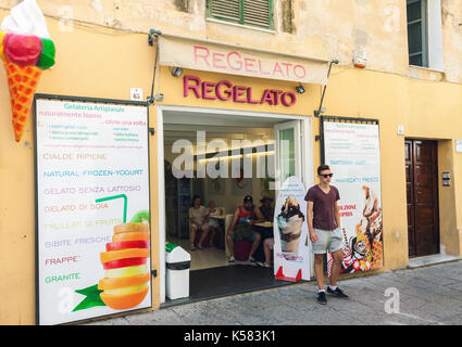 Street view of gelateria exterior, traditional Italian ice cream shop in Alghero, Sardinia, Italy Stock Photo