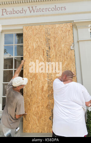 Workers secure plywood covering on a historic building on Church Street in preparation for Hurricane Irma September 8, 2017 in Charleston, South Carolina. Imra is expected to spare the Charleston area but hurricane preparations continue as Irma leaves a path of destruction across the Caribbean. Stock Photo