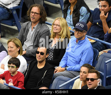 FLUSHING NY- SEPTEMBER 08: ***NO NY DAILIES*** Elisabeth Shue and Bill Gates aresighted watching Kevin Anderson Vs Pablo Carreno Busta during the mens semi finals on Arthur Ashe Stadium during the US Open at the USTA Billie Jean King National Tennis Center on September 8, 2017 in Flushing Queens. Credit: mpi04/MediaPunch Stock Photo