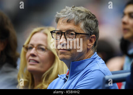 FLUSHING NY- SEPTEMBER 08: ***NO NY DAILIES*** Bill Gates seen watching Kevin Anderson Vs Pablo Carreno Busta during the mens semi finals on Arthur Ashe Stadium during the US Open at the USTA Billie Jean King National Tennis Center on September 8, 2017 in Flushing Queens. Credit: mpi04/MediaPunch Stock Photo