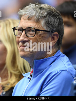 FLUSHING NY- SEPTEMBER 08: ***NO NY DAILIES*** Bill Gates seen watching Kevin Anderson Vs Pablo Carreno Busta during the mens semi finals on Arthur Ashe Stadium during the US Open at the USTA Billie Jean King National Tennis Center on September 8, 2017 in Flushing Queens. Credit: mpi04/MediaPunch Stock Photo