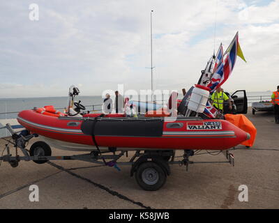 Sheerness, Kent. 9th Sep, 2017. UK Weather: a sunny morning in Sheerness for the start of the annual Round the Isle of Sheppey race - the UK's longest annual dinghy, catamaran and sailboard race at some 35-40 miles (depending on wind and tide). The race has been established since 1959 and is a clockwise circumnavigation of the island. Credit: James Bell/Alamy Live News Stock Photo