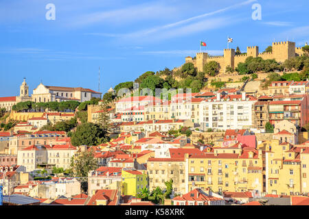Aerial view over Lisbon, Portugal, sunny day. Details of Monastery of Sao Vicente of Fora and Sao Jorge Castle from panoramic platform of Elevador de  Stock Photo