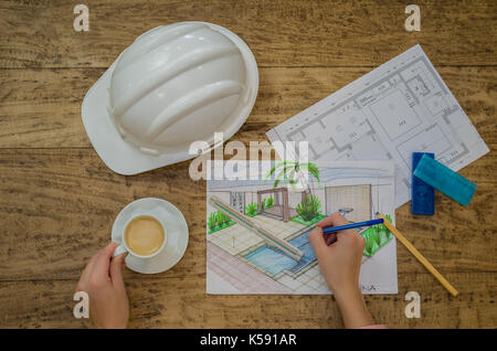 Woman working, projecting on table, architect, engineer. Stock Photo
