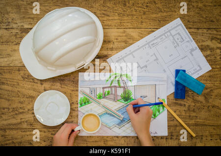 Woman working, projecting on table, architect, engineer. Stock Photo