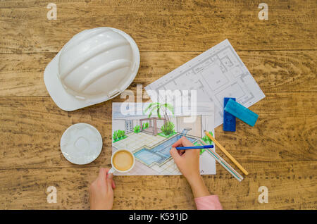 Woman working, projecting on table, architect, engineer. Stock Photo