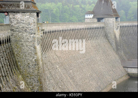 Looking South across the Mohne Dam. The repaired breach is still discernible between the towers. Stock Photo