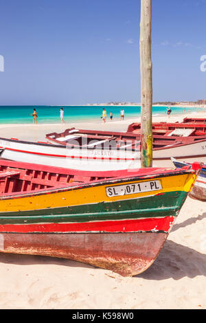 CAPE VERDE SAL Colourful traditional local fishing boats on the beach at Santa Maria, Praia da Santa Maria, Sal Island, Cape Verde, Atlantic, Africa Stock Photo