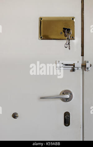 Apartment door with two key locks and latch slide. Home security. Stock Photo