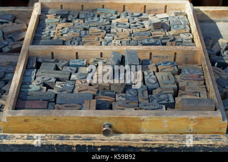 Box of antique wooden letters printing blocks letterpress type set. Abstract typography background. Stock Photo