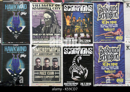 ATHENS, GREECE - APRIL 9, 2016: Concert posters for live music by Hawkwind, Scorpions, Villagers of Ioannina City, The Sound Explosion and Imiskoubria Stock Photo