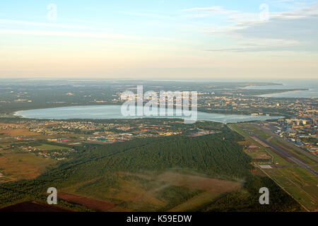 View from the plane to Lake Ülemiste and Tallinn airport. Stock Photo