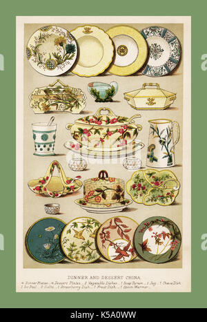 1800’s vintage illustration Mrs Beeton’s Household Management traditional Dinner and Dessert China colour page Stock Photo