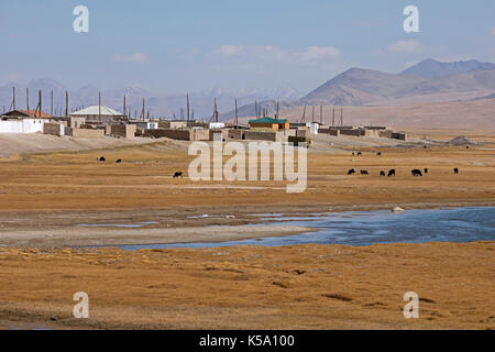 Small village / settlement along the Pamir Highway / M41 in the Gorno-Badakhshan province, Tajikistan Stock Photo