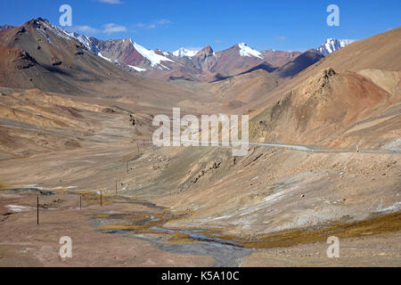 View from Ak-Baital Pass, highest mountain pass at 4,655 metres on Pamir Highway / M41 in the Pamir Mountains, Gorno-Badakhshan province, Tajikistan Stock Photo