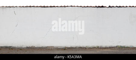 Long white cracked plastered wall and fence  isolated fragment. Panoramic collage from several photos Stock Photo