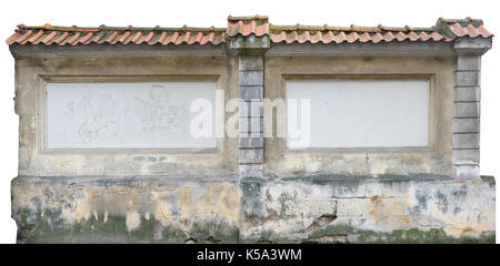 The destroyed broken ugly bricks plastered  fence fragment. Isolated with patch. Stock Photo