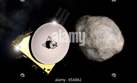 New Horizons probe passing 2014 MU69, artwork. In 2015, the NASA probe New Horizons arrived at Pluto after a decade-long flight. But its mission was not over. On 28 August 28 2015, scientists chose the Kuiper-Belt Object 2014 MU69 as the next flyby target. After four course corrections, the probe is due to arrive on 1 January 2019. It will be the first ever encounter of a robotic probe with a classical Kuiper-Belt Object. The object 2014 MU69 is far smaller than Pluto. An irregularly shaped world just 45 km across, it orbits the Sun once in 295 years. Stock Photo