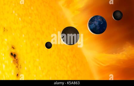 Schematic illustration showing the surface of the Sun and the terrestrial planets on the same scale. The Sun's surface, or photosphere, is not smooth, but rather has a granulated appearance - the grains mark the boundaries of rising cells of gas, carrying heat to the surface by convection. Sunspots are also a prominent feature of the photosphere - they can be as big as the Earth. From left to right, in order of increasing distance from the Sun, are the inner planets Mercury, Venus, Earth and Mars. Stock Photo