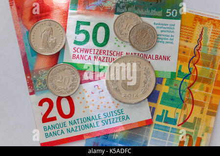Bern, Switzerland:   Money of Switzerland. New 20- and 50-franc notes, which were introduced in 2017. Stock Photo