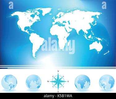 World map and globes with compass. Stock Vector