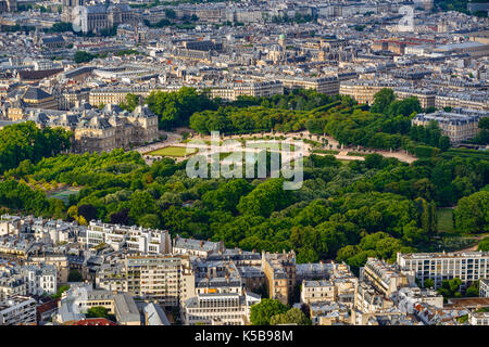 Summer aerial view on the Luxembourg Garden, Luxembourg Palace and rooftops in the center of Paris. 6th Arrondissement, Left Bank. France Stock Photo