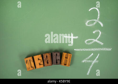 mathematics and wooden letterpress typeset on green chalkboard Stock Photo