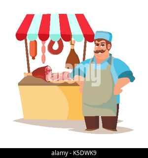 Classic Butcher Vector. Professional Butcher Man With Meat Cleaver. For Meat Market Advertising Concept. Eco Farm Organic Market Meat. Cartoon Isolated Illustration. Stock Vector