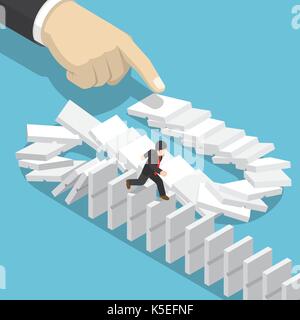 Flat 3d isometric businessman running away on domino that falling by big hand. Domino effect and business crisis concept. Stock Vector