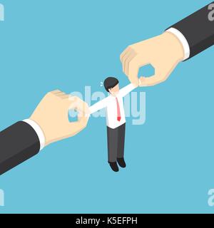 Businessman pulled by two big hand. Fight for talented employees. business competition and human resource concept. Stock Vector