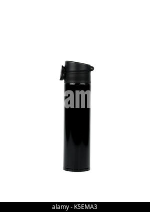 Black thermos bottle isolated on white background with copy space Stock Photo