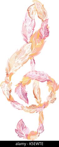 Boho style music sign made of ornamental feathers with watercolor effect in orange and pink colors on white background Stock Vector