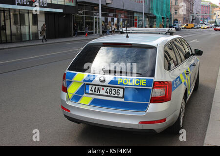 Prague, Czech Republic - April 22, 2016: Skoda Octavia Police Car Parked on the Street in Prague (rear view), Nobody in vehicles Stock Photo