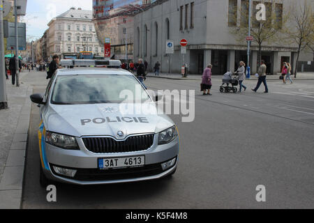 Prague, Czech Republic - April 22, 2016: Skoda Octavia Police Car Parked on the Street in Prague, Nobody in vehicles Stock Photo
