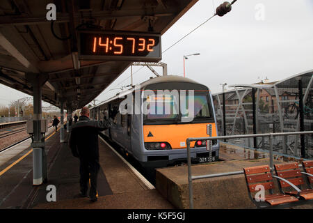 Train for Walton on Naze at platform, railway station, Colchester, Essex, England, UK Stock Photo