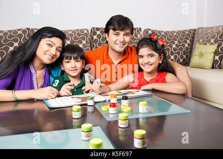 Parents And Children Education Draw Paint Painting Helping Education Stock Photo