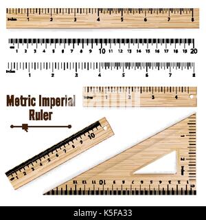 Wooden Metric Imperial Rulers Vector. Centimeter And Inch. Measure Tools Equipment Illustration Isolated On White Background. Stock Vector