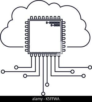 cloud storage data and cpu microprocessor icon monochrome silhouette Stock Vector