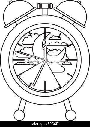alarm clock with night moon landscape inside decorative sketch silhouette on white background Stock Vector
