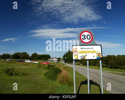 The 'Minions' sign at Minions, Bodmin Moor.  The signs were erected by Cornwall Council and paid for by Universal Studios to promote their 2015 film. Stock Photo