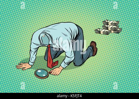 Headless man looking through a magnifying glass money Stock Vector