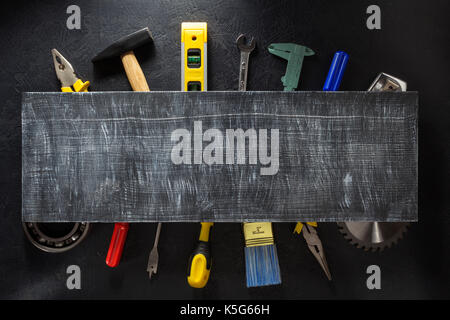 tools and instruments on wooden background Stock Photo