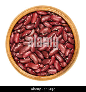 Dried red kidney beans in wooden bowl, also known as common kidney bean, Rajma or Surkh. A variety of the common bean, Phaseolus vulgaris. Photo. Stock Photo