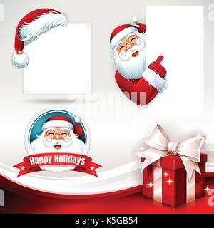 Vector set of Christmas design elements with Santa Claus, present and hat illustrations in retro style. Santa Claus holding a blank sign, copy space. Stock Vector