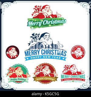 Vector vintage Christmas labels with cartoon Santa Claus retro illustration. Calligraphic and typographic design elements. Stock Vector