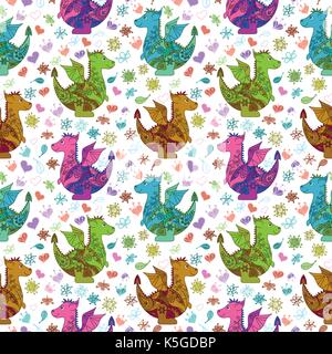 Seamless pattern, cartoon colorful Dragons Stock Vector