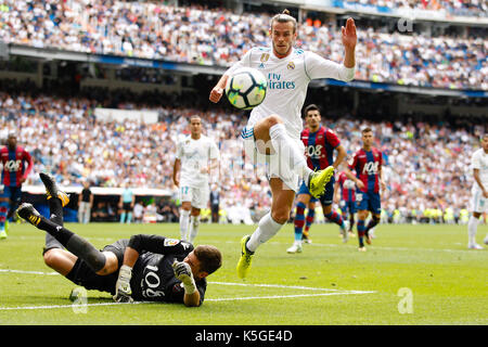 Gareth Bale (11) Real Madrid's player. Raul Fernandez (1) Levante UD's player.La Liga between Real Madrid vs Levante UD at the Santiago Bernabeu stadium in Madrid, Spain, September 9, 2017 . Stock Photo