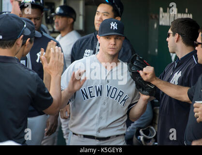 Baltimore, Maryland, USA. 07th Sep, 2017. New York Yankees starting pitcher Sonny Gray (55) is congratulated by teammates after being replaced with a relief pitcher in the sixth inning against the Baltimore Orioles at Oriole Park at Camden Yards in Baltimore, MD on Thursday, September 7, 2017. Credit: Ron Sachs/CNP/MediaPunch (RESTRICTION: NO New York or New Jersey Newspapers or newspapers within a 75 mile radius of New York City) Credit: MediaPunch Inc/Alamy Live News Stock Photo
