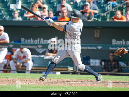 Baltimore, Maryland, USA. 07th Sep, 2017. New York Yankees left fielder Brett Gardner (11) singles in the sixth inning against the Baltimore Orioles at Oriole Park at Camden Yards in Baltimore, MD on Thursday, September 7, 2017. Credit: Ron Sachs/CNP/MediaPunch (RESTRICTION: NO New York or New Jersey Newspapers or newspapers within a 75 mile radius of New York City) Credit: MediaPunch Inc/Alamy Live News Stock Photo