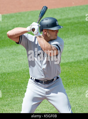 Baltimore, Maryland, USA. 07th Sep, 2017. New York Yankees designated hitter Matt Holliday (17) bats in the first inning against the Baltimore Orioles at Oriole Park at Camden Yards in Baltimore, MD on Thursday, September 7, 2017. The Yankees won the game 9 - 1. Credit: Ron Sachs/CNP/MediaPunch (RESTRICTION: NO New York or New Jersey Newspapers or newspapers within a 75 mile radius of New York City) Credit: MediaPunch Inc/Alamy Live News Stock Photo